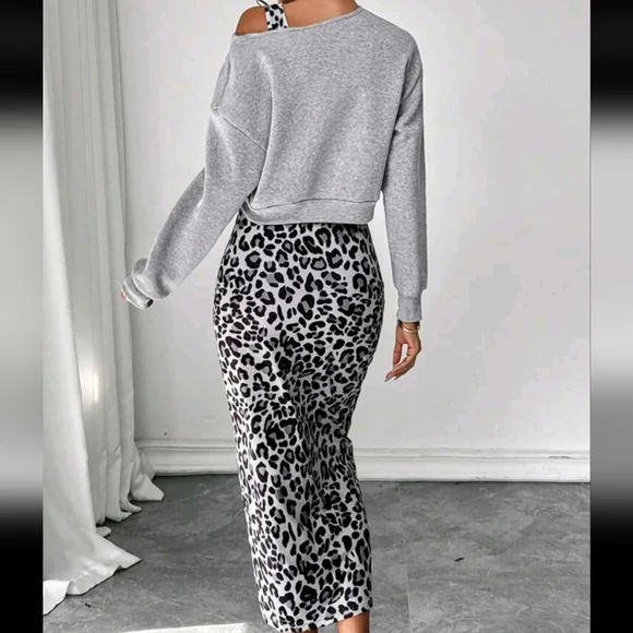 2pcs/Set Leopard Heart Print Hoodie With Form-Fitting Dress, Elegant - Picture 2 of 4